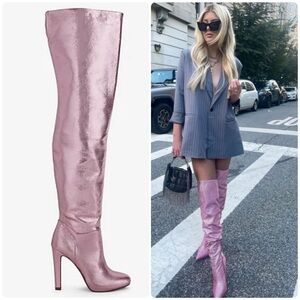 Brian Atwood x Express Bubble Metallic Over The Knee Heeled Boots 9